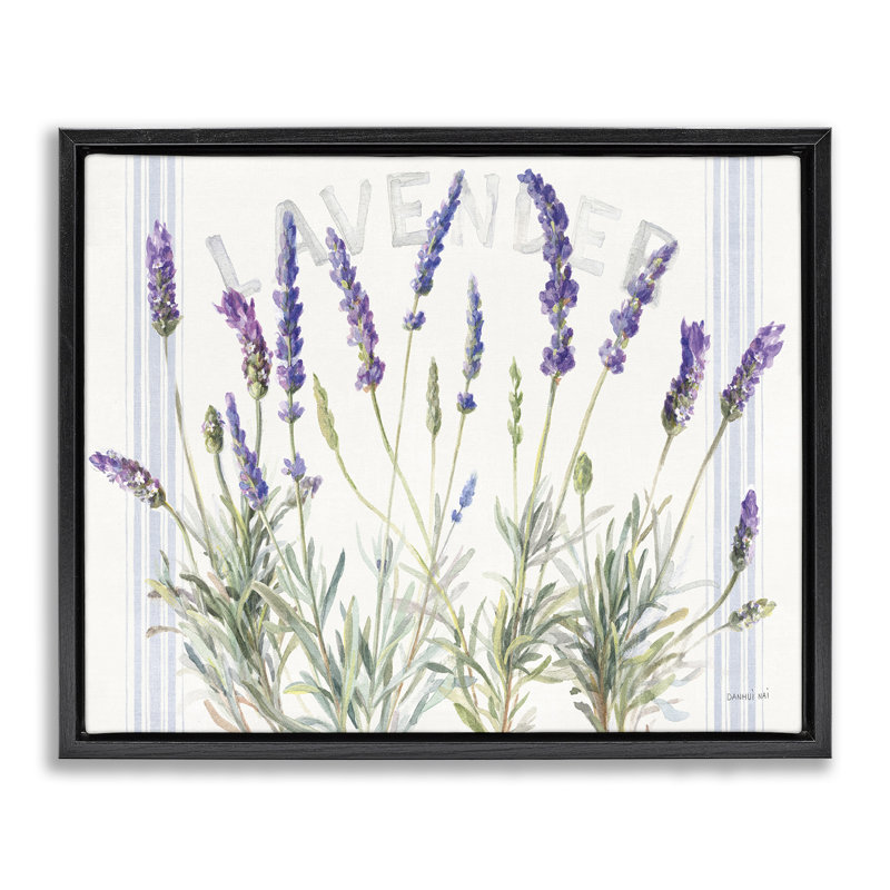 Lavande, grappe florale, ferme, bistro, rayures, toile par Danhui Nai, Cadre flottant noir de jais, H 17 po x l 21 po
