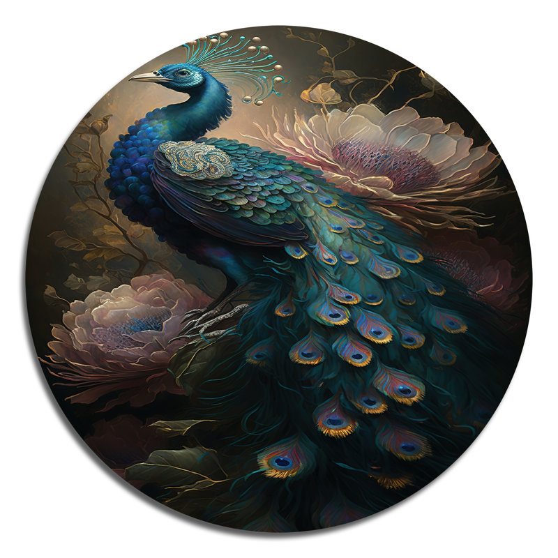 Paon avec fleurs - animaux, art rond en métal, H 16 po x l 16 po