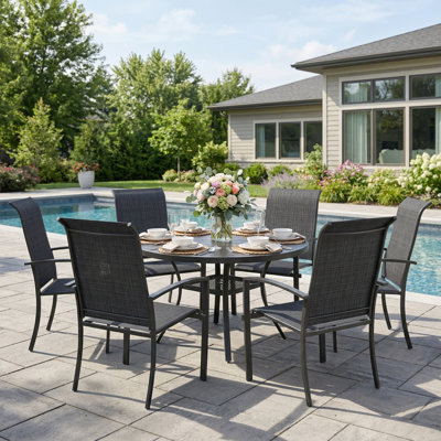 6-Person Round Patio Dining Set With Stackable Textilene Chairs
