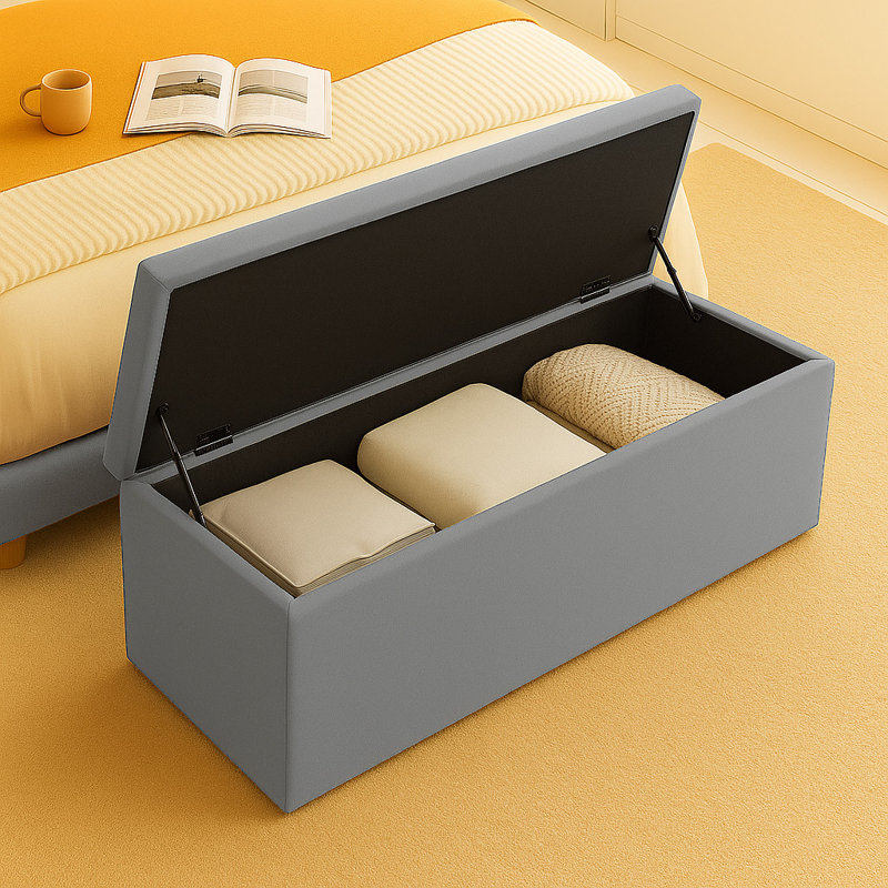 Safar Wide Velvet Plain Rectangle Solid Color Standard Ottoman Box with Storage, Grey, 40cm H x 137cm W x 40cm D