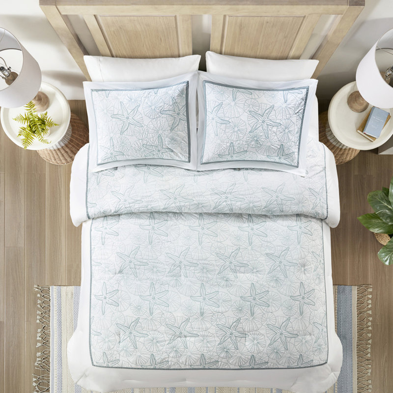Literie double - Jupe de lit à broderie en coton et en sable blanc et 2 taies décoratives avec thème de plage
