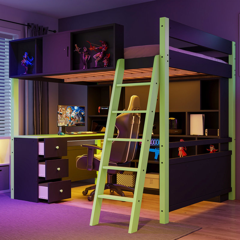 Lit mezzanine double en bois avec bureau intégré, tablettes de rangement et éclairage à DEL, conception compacte, vert