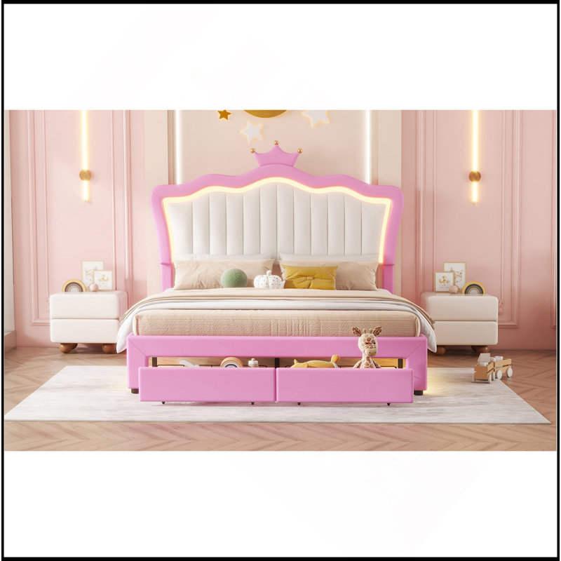 Structure de lit double pleine grandeur avec lumières DEL, lit princesse rembourré moderne avec tête de lit couronne, 2 tiroirs, rose et blanc