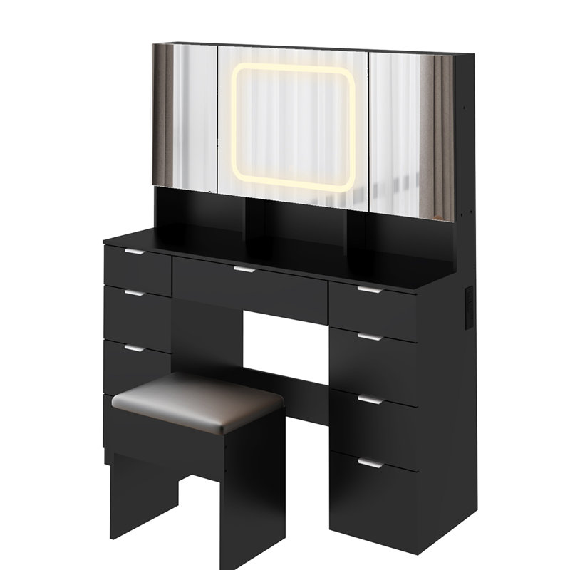 Ensemble de coiffeuse avec 3 miroirs et lumières DEL, Noir, noir, noir, noir, Argent argent