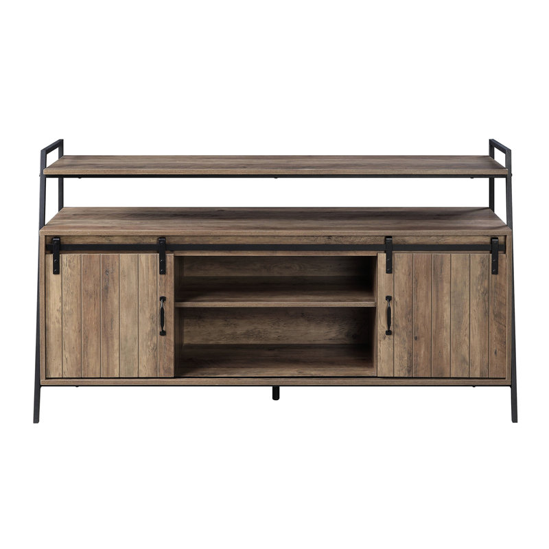 Meuble télé de 60 pouces avec portes coulissantes de style grange, métal noir et chêne rustique, 6 compartiments, 1 tablette ouverte, convient aux téléviseurs de 50 à 59 pouces dans les espaces de vie.