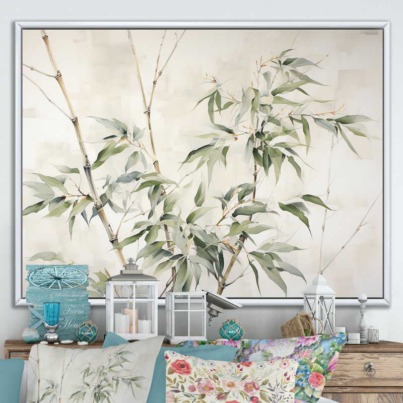 «Mute Bamboo Embrace V», impressions d'art mural en bambou_106619, Cadre flottant blanc, H 34 po x l 44 po x P 1,5 po
