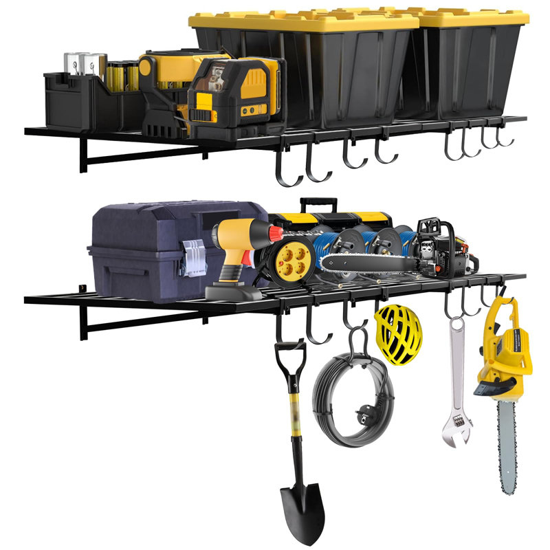 Ensemble de 2 tablettes de garage murales 2 x 4 pi avec crochets, support de rangement en métal robuste, capacité de 800 lb