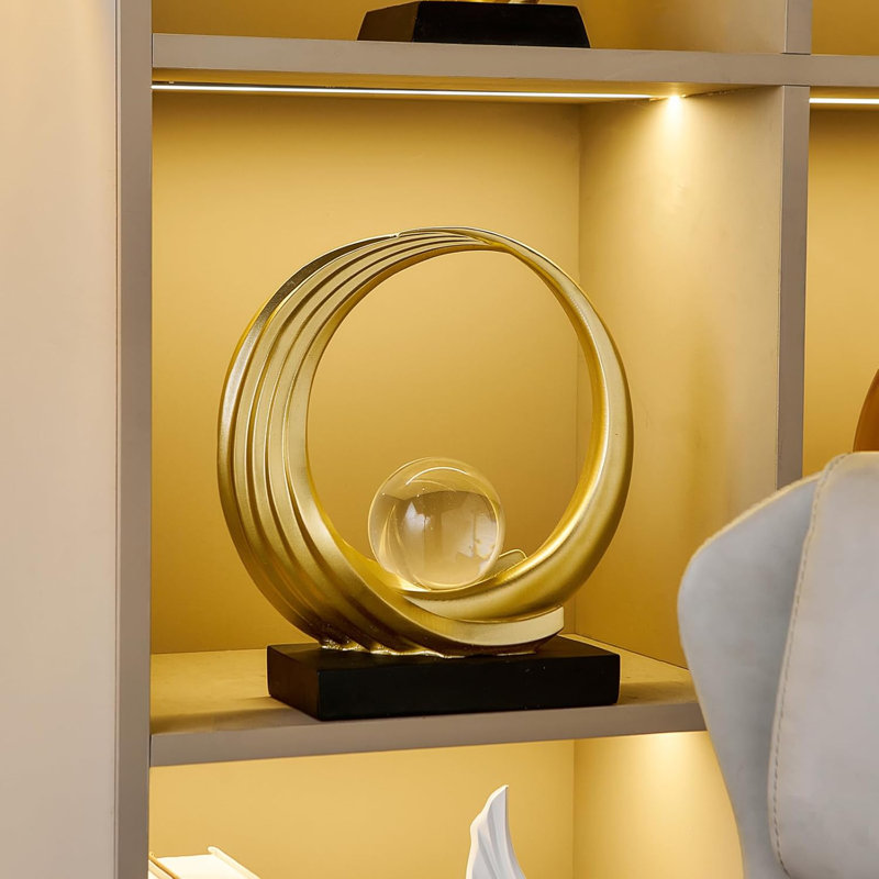 Modern Abstract Golden Circle Crystal Ball Sculpture