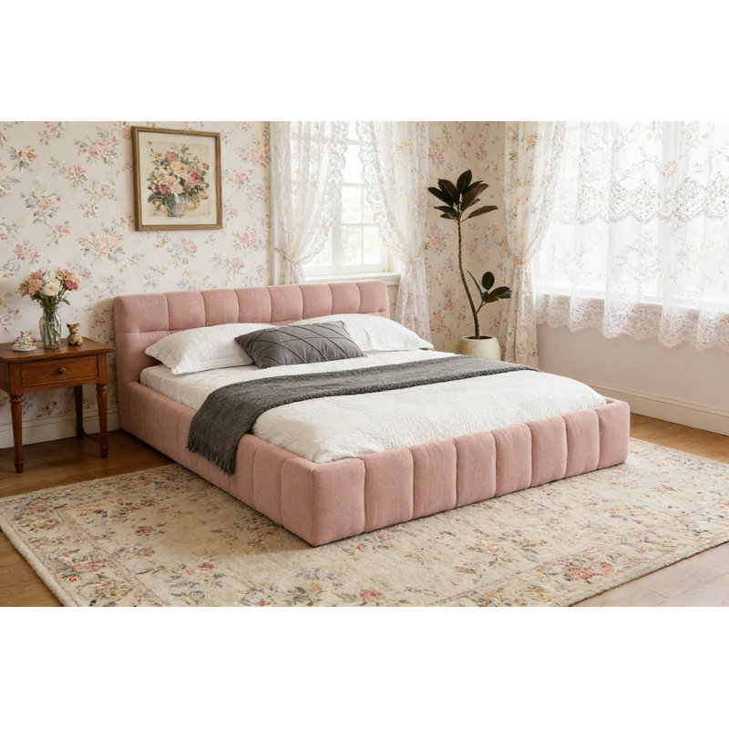 Structure robuste en chenille avec tête de lit, sans sommier tapissier, lit solide et robuste, Rose, Grand lit