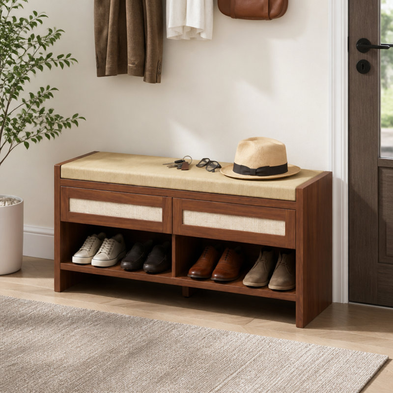 Banc de rangement à chaussures en rotin brun avec assise rembourrée