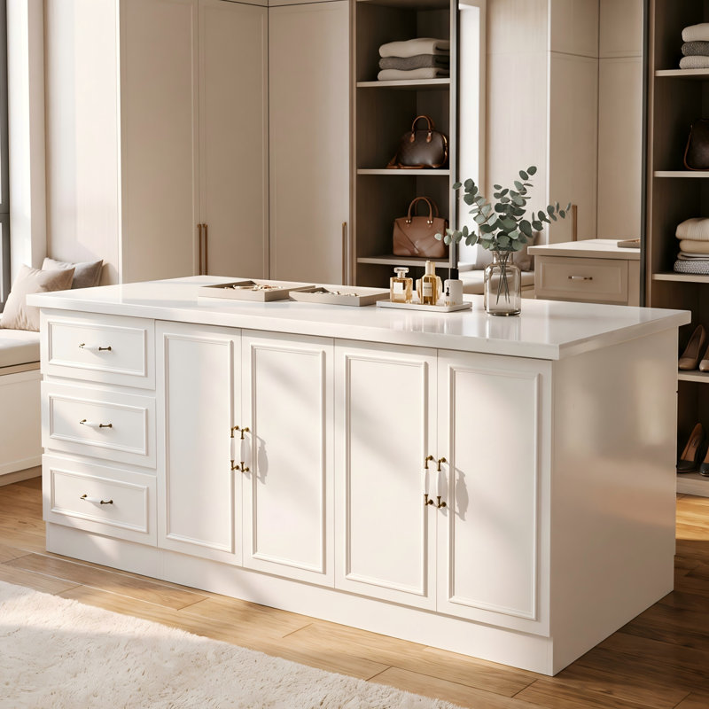 Îlot de 86 po blanc avec dessus en marbre, quatre portes et six tiroirs pour garde-robe