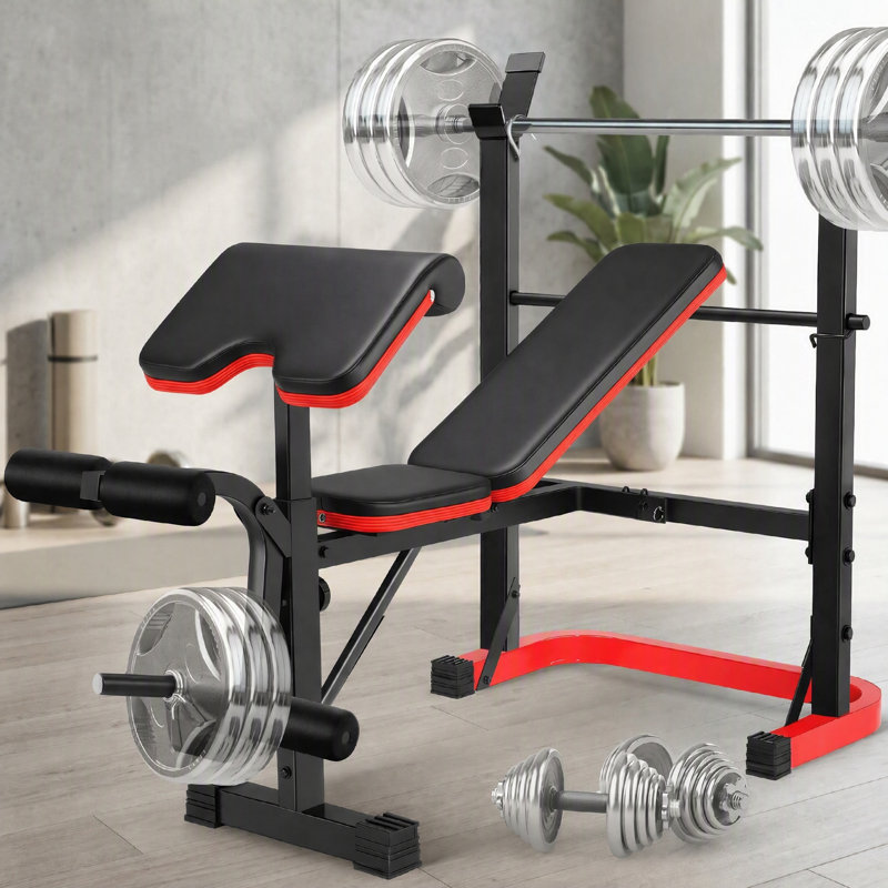 Ensemble de banc de musculation avec extension des jambes et courbure des jambes, ensemble de presse pliable 660LBS avec support à squats pour la gymnastique à domicile, banc de musculation standard