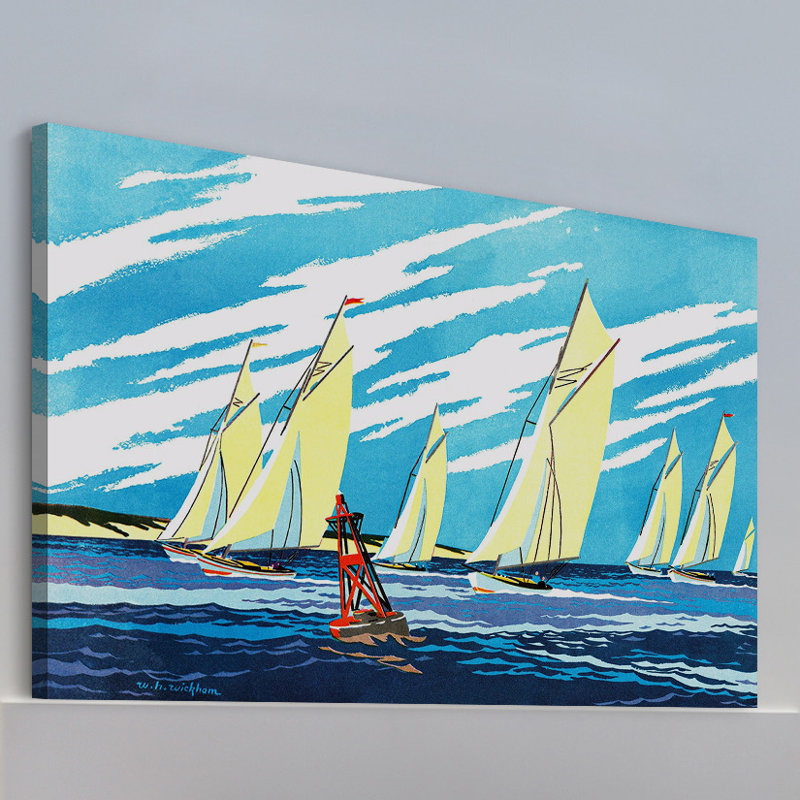 Yellow Sailboats Blue Canvas Wall Art 18" x 12"