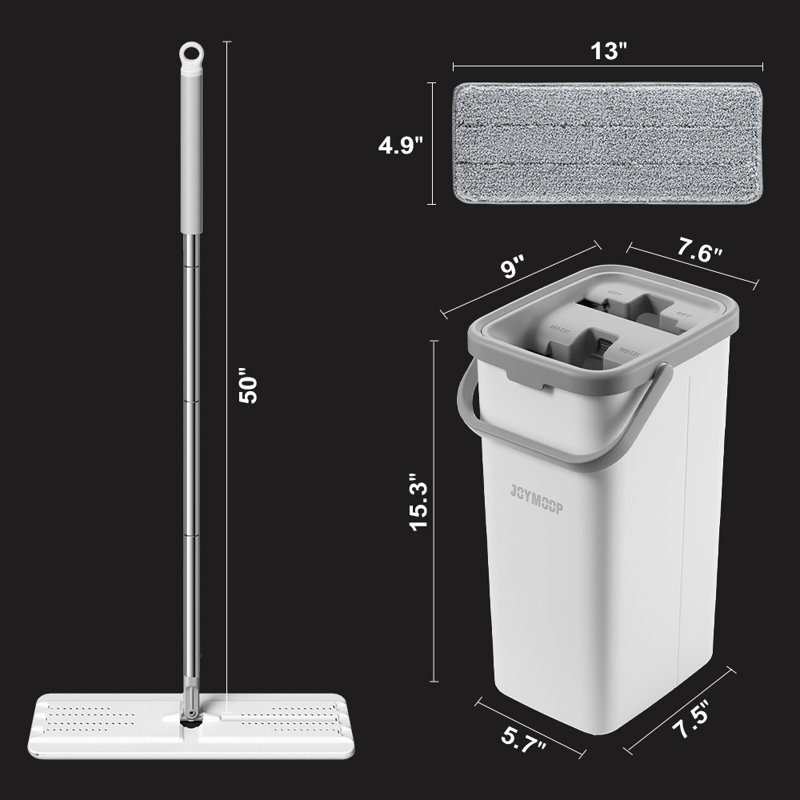 JOYMOOP Flat Squeeze Mop and Bucket Set, with 50" Mop Handle and 2 Grey Microfiber Pads