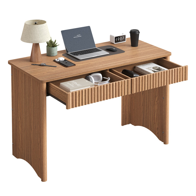 47.2" Writing Desk with 2 Drawers, Modern Fluted Computer Desk with Rounded Corners, Brown Oak/Brown