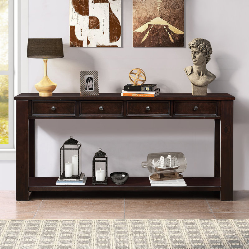 63" Pine Wood Console Table With 4 Drawers And 1 Bottom Shelf For Entryway Hallway Easy Assembly 63 Inch Long Sofa Table  Light Espresso