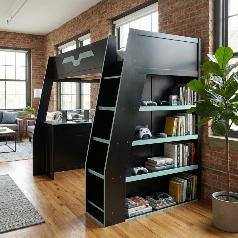 Lit mezzanine double en bois, Bleu