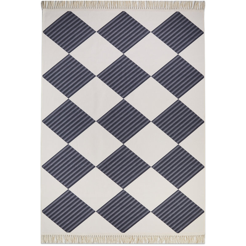 Simple Fresh Square Pattern Non-Slip Bottom Cotton Fabric Retro Senior Black Carpet Fringed Area Rug, Rectangle 4' x 6'