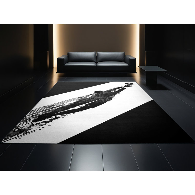Machine Washable Medford Soccer Goalie Save Modern Geometric Rug in Gray – Black Binding, 7x9