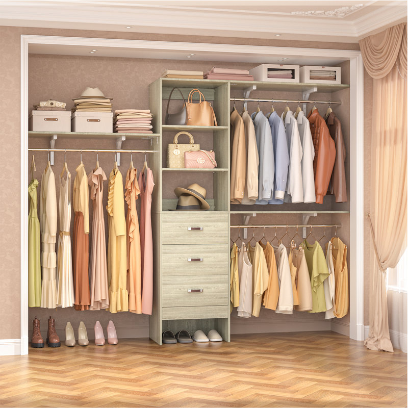  Système d'organisation l 20,2 po à 96 po avec tiroirs en bois et tringles de suspension (coupés sur mesure), Gris clair