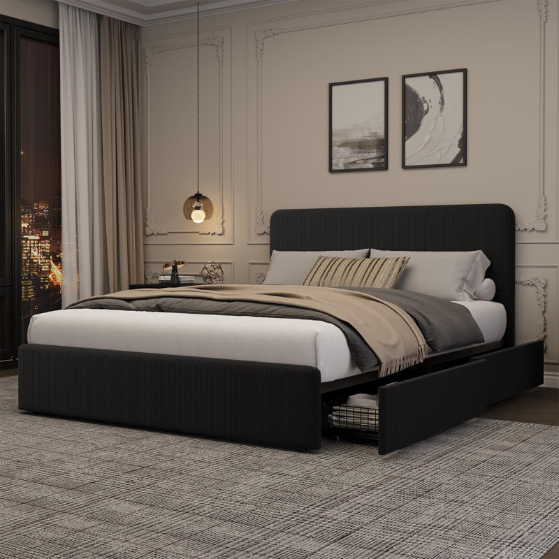 Upholstered Bed Frame with Headboard, Storage Drawers & Wooden Slats, No Box Spring Needed, Queen