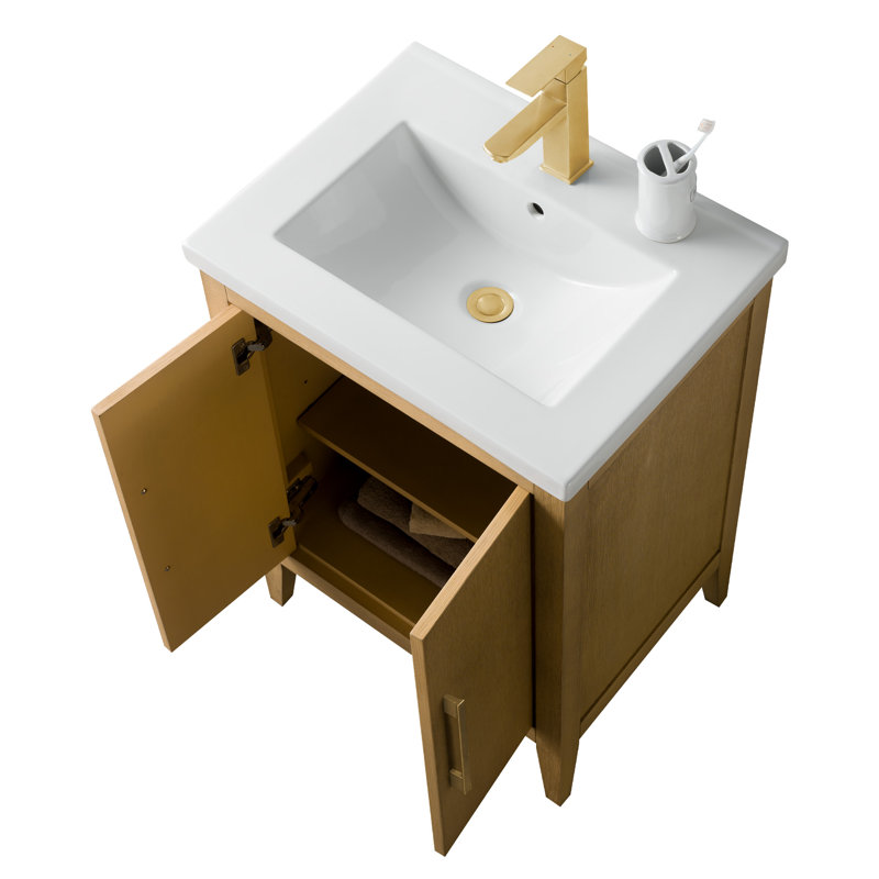 Meuble-lavabo simple 24 po avec plateau en céramique Chambery, Chêne naturel, Doré brossé, H 34,25 po x l 24,4 po x P 18,5 po