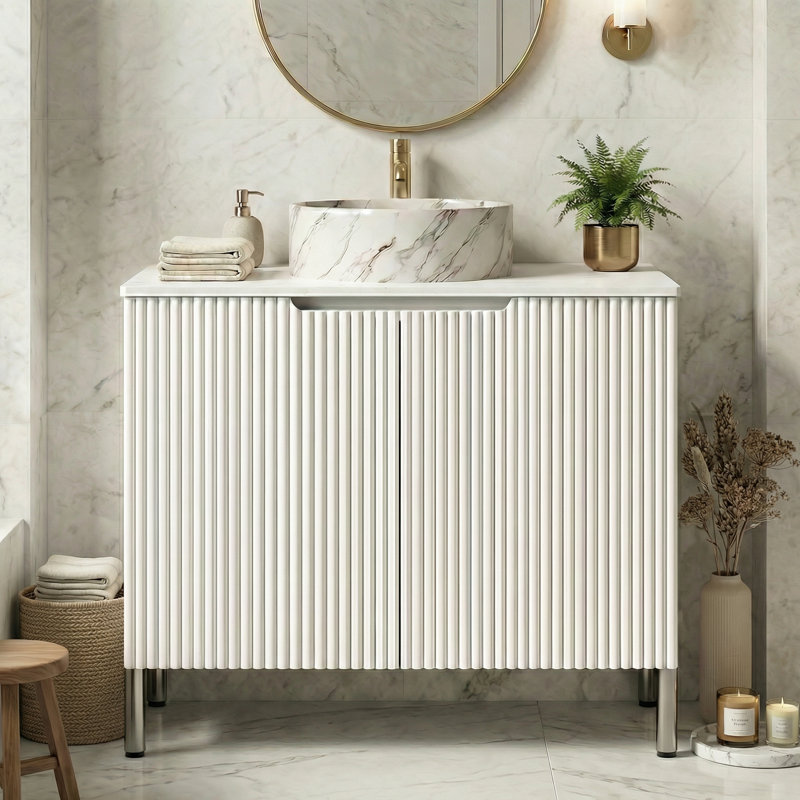Meuble-lavabo autoportant de 30 po avec portes cannelées, comptoir en pierre frittée et vasque, armoire de rangement à fermeture en douceur