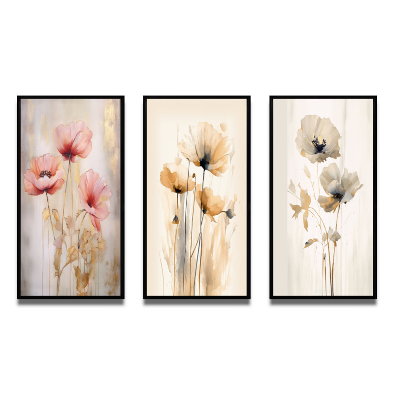 «Coral Vibrant Poppies», 3 pièces, Cadre flottant noir, H 28 po x l 36 po