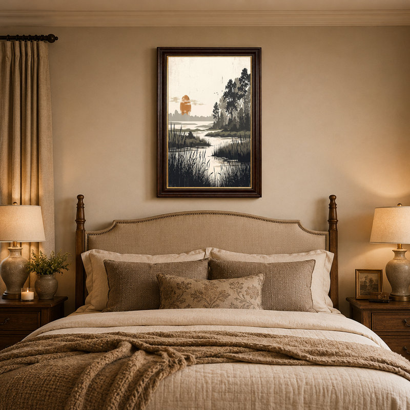 Silhouette, arbres et roseaux au coucher du soleil orange, art mural sur toile, H 12 po x l 18 po