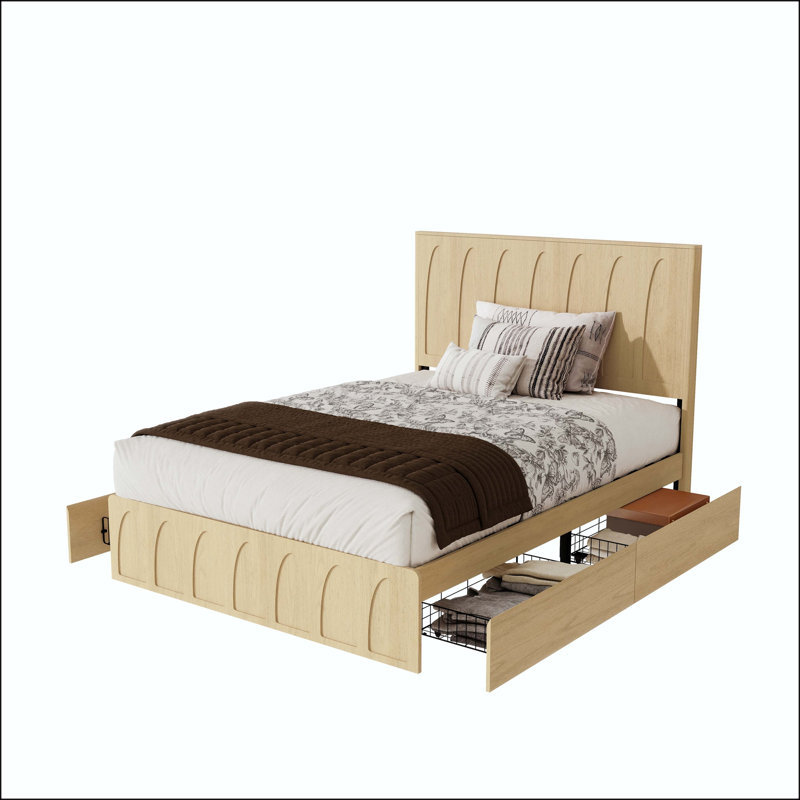 Grand lit plateforme avec tiroirs de rangement latéraux et tête de lit courbée, Chêne
