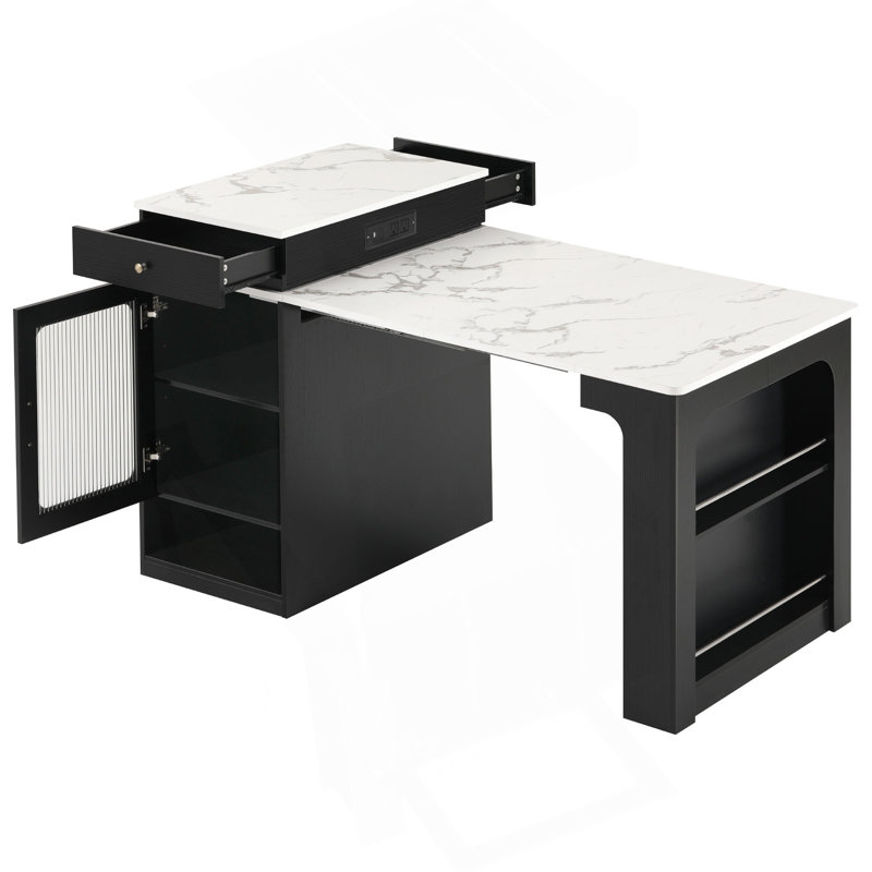 59.5" Kitchen Island With Extendable Dining Table, Kitchen Storage Table With Double-Sided Storage, Kitchen Island With 2 Drawers, Power Outlet, Side Open Shelves, For Kitchen, Dining Room