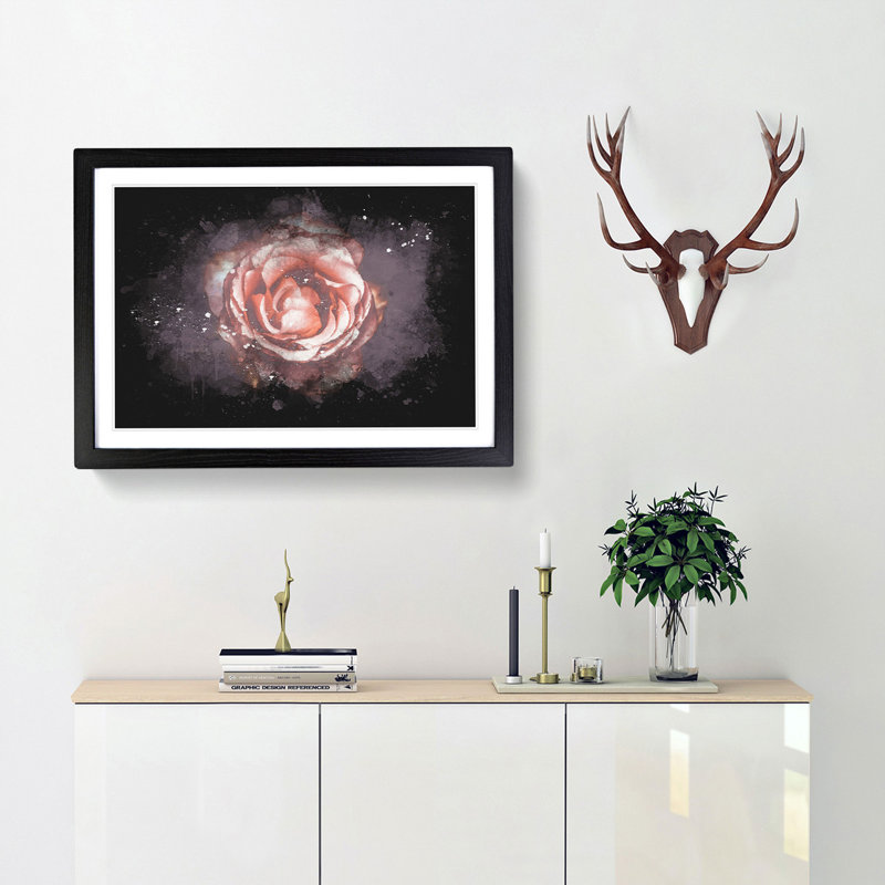 Pink Tipped Rose Flower - Picture Frame Graphic Art Print, 24cm H x 33cm W x 2cm D, Black Framed