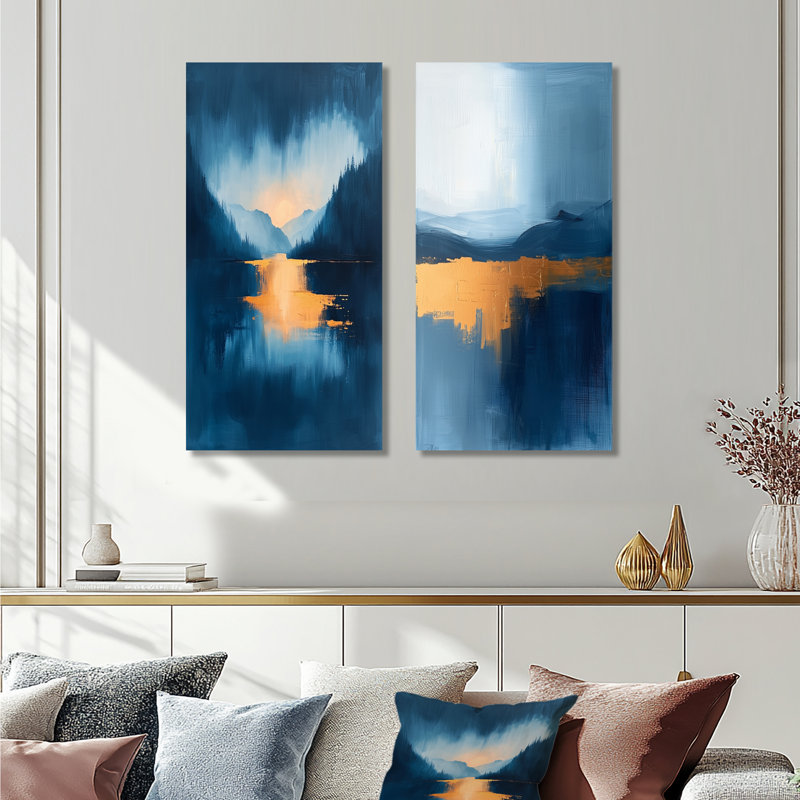 «Blue Ethereal Dream Abstract Mountains I», ensemble d'art mural paysage abstrait 2 pièces, H 32 po x l 32 po, Toile tendue