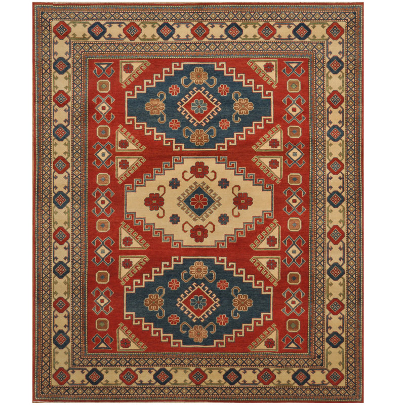 Tapis de zone en laine rouge/beige 8 pi 2 po x 10 pi one-of-kind à la main noué la kazak Haddad