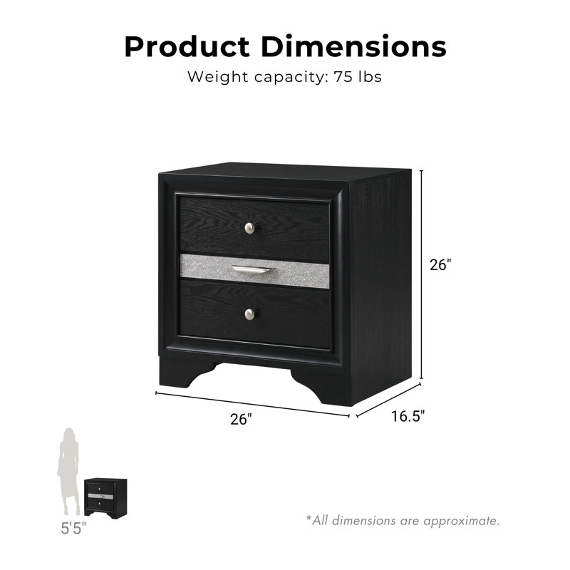 Sana 26''W Solid Wood 3-Drawer Nightstand, Black