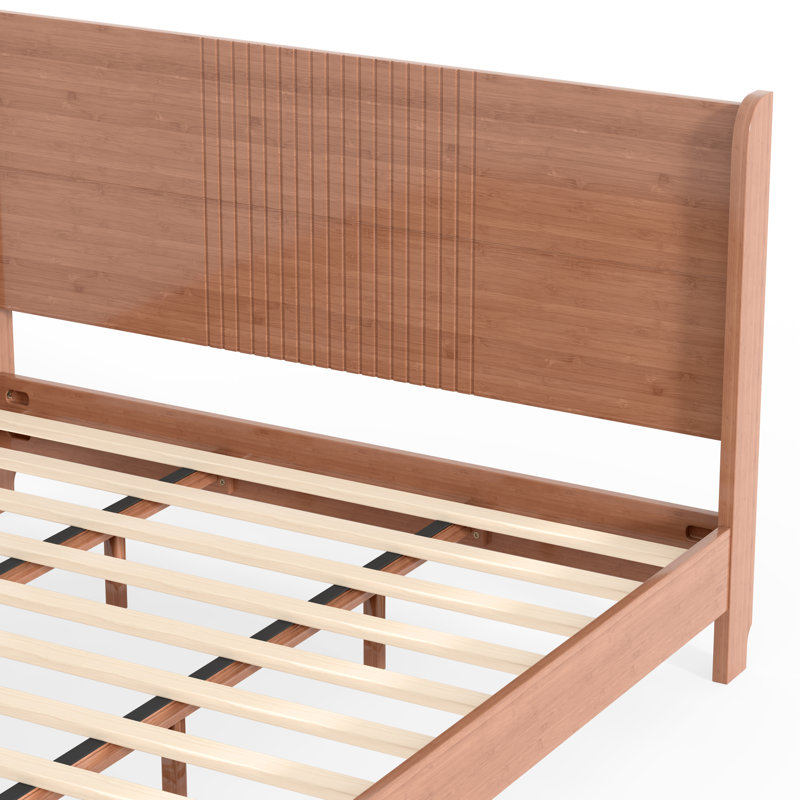 King Size Mid-Century Modern Bamboo Platform Bed Frame with Rounded Corner Headboard, Solid Wood Slat Support, No Box Spring Needed, Natural.
