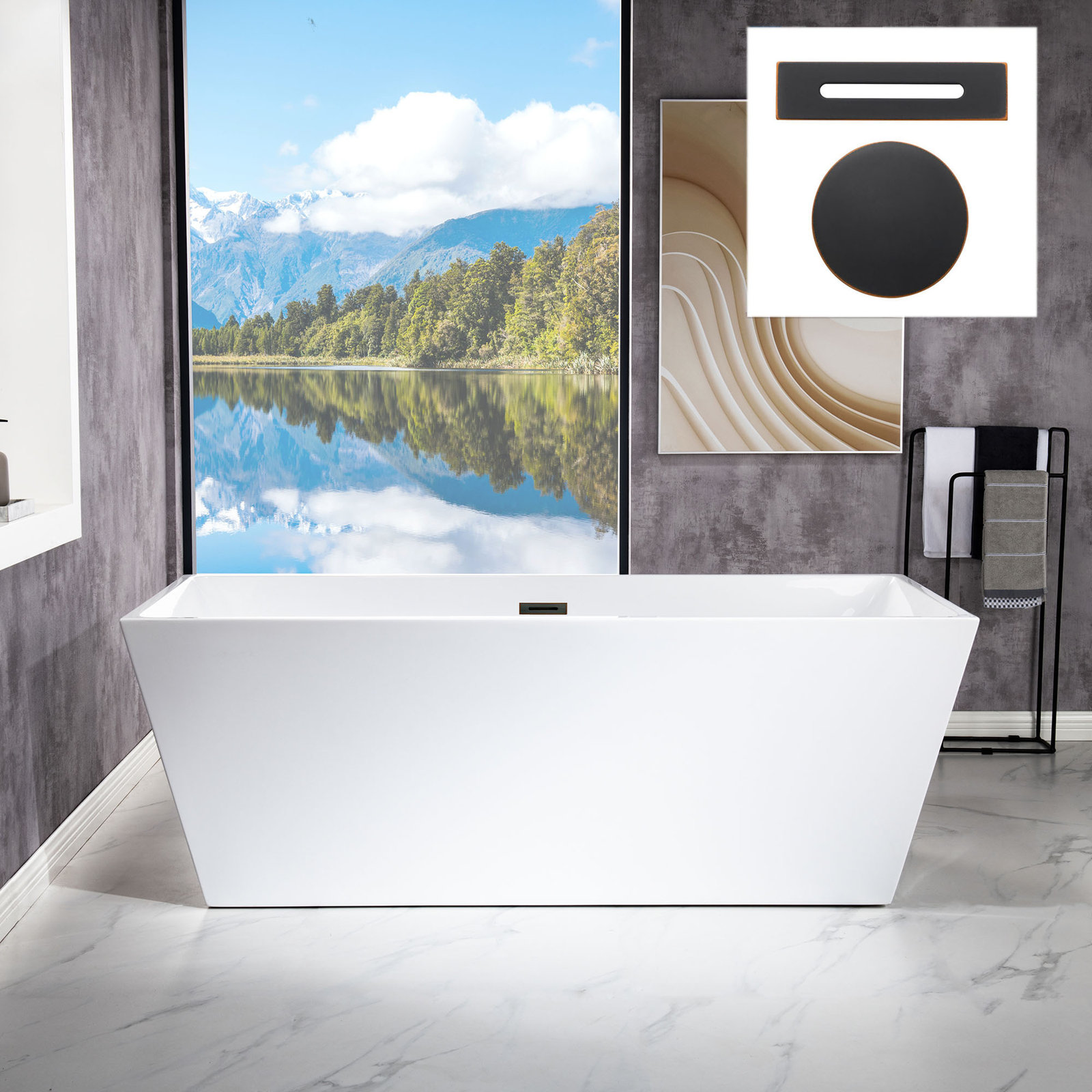 67" x 32" Freestanding Soaking Acrylic Rectangular Bathtub, Non-Slip Design, White, Oil Rubbed Bronze