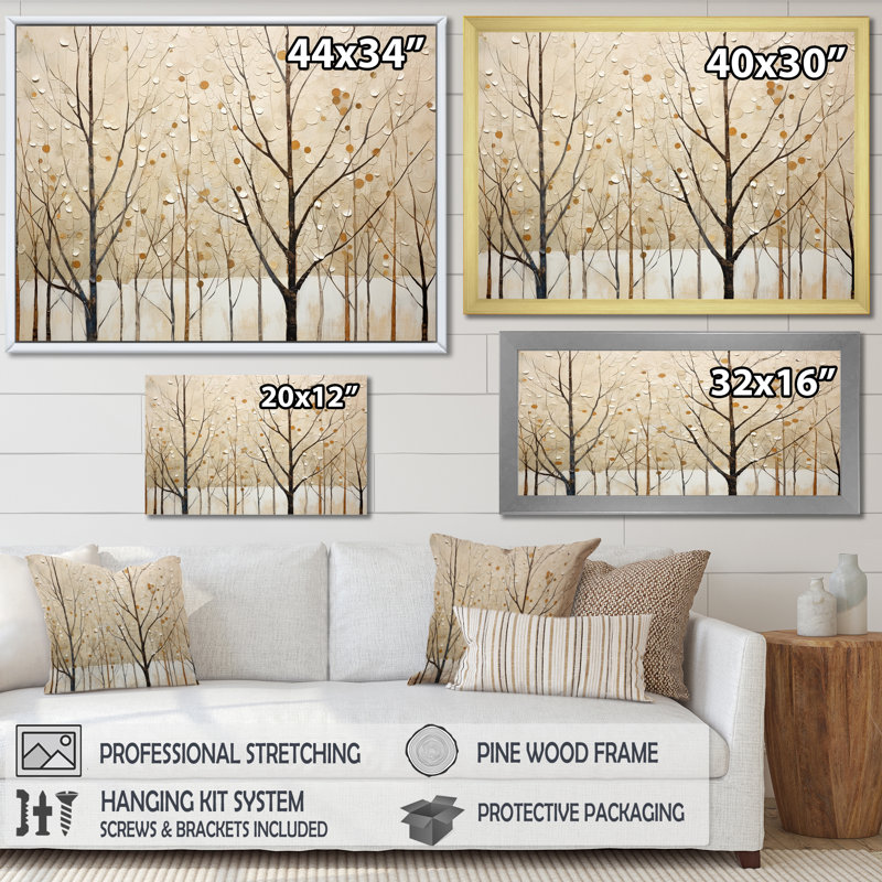 Harmonous, arbre beige, art mural II, H 34 po x l 44 po x P 1,5 po, Cadre simple noir