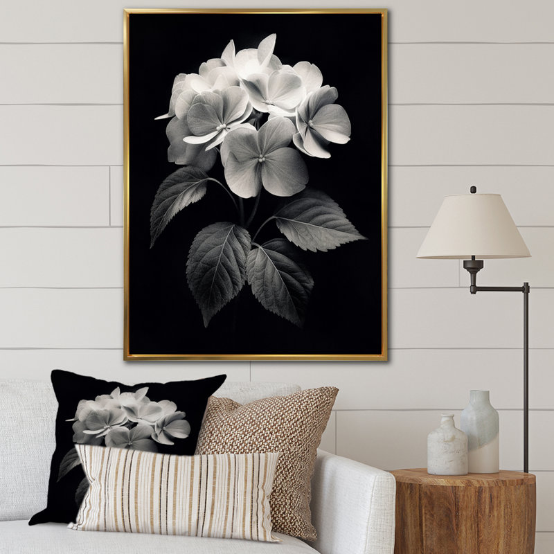 " Black White Hydrangea Blooming III ", 20" H x 12" W x 1.5" D, Gold Floater Framed