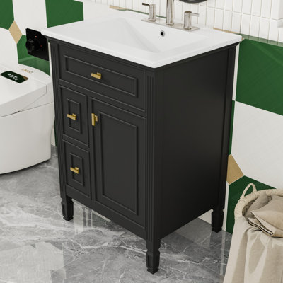 Meuble-lavabo autoportant contemporain avec lavabo en céramique, grand rangement et tablette réglable