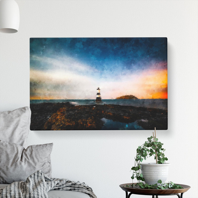 Lighthouse and Seascape at Dusk - Wrapped Canvas Painting Print, 35cm H x 50cm W x 3cm D