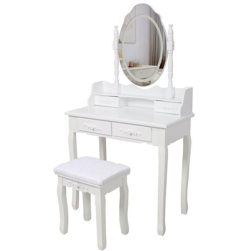 Ensemble de coiffeuse avec miroir et tabouret rembourré, modes d'éclairage, coiffeuse en bois à 4 tiroirs pour chambre de fille, coiffeuse avec beaucoup de rangement