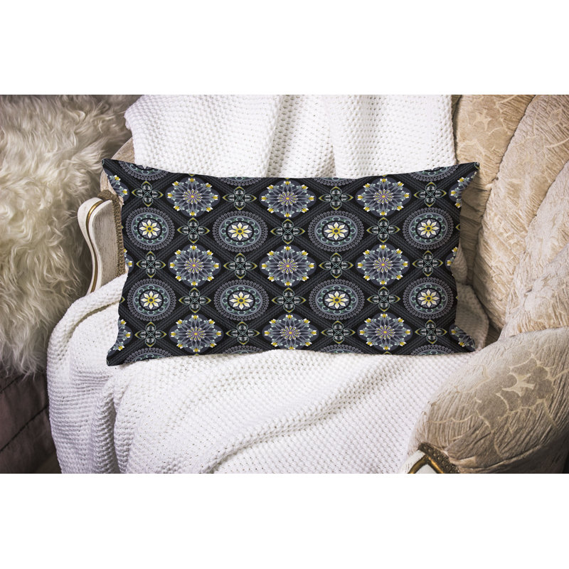 Mandala Floral Tiles  Rectangular Throw Pillow, Black/Gray