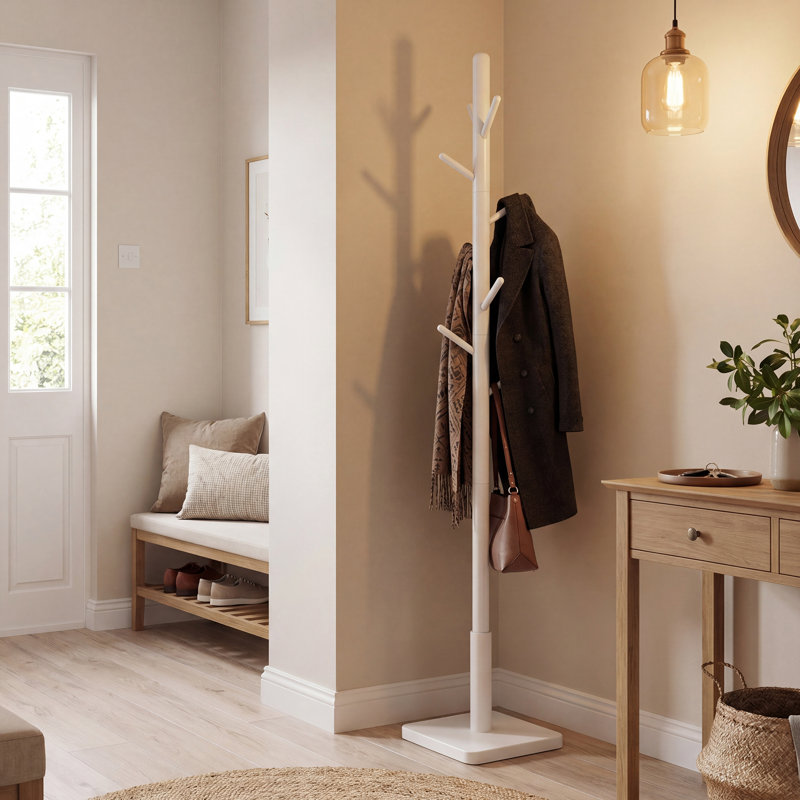 Trikomou Solid Wood 8-Hook Freestanding Coat Rack, Cloud White