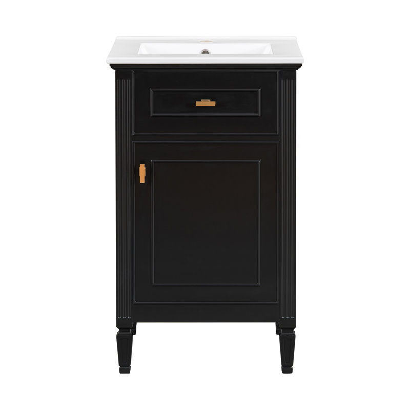 Meuble-lavabo noir de 20 po avec lavabo, pieds en bois massif, tablette réglable, tiroir inclinable, boutons en alliage de zinc, armoire autoportante moderne pour petite salle de bain