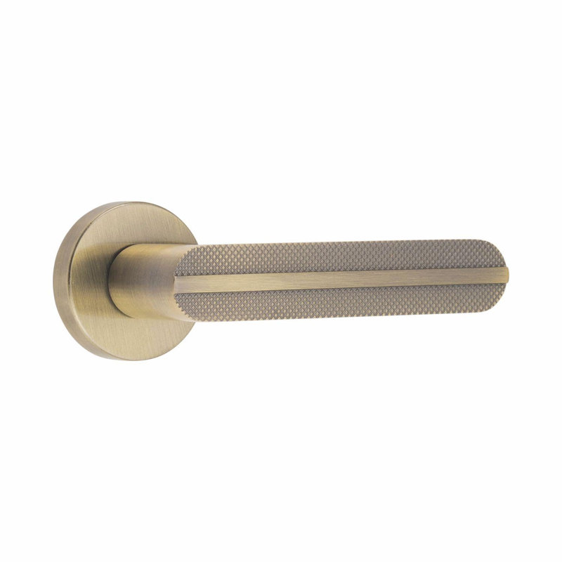  5 Pairs Modern Lima Knurled Design Premium Door Handles on Round Rose in Antique Brass
