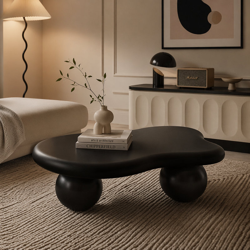 Table basse en forme de nuage, table basse avec 3 pieds sphériques pour le salon, Noir, H 11,70 po x L 40 po x l 26,8 po