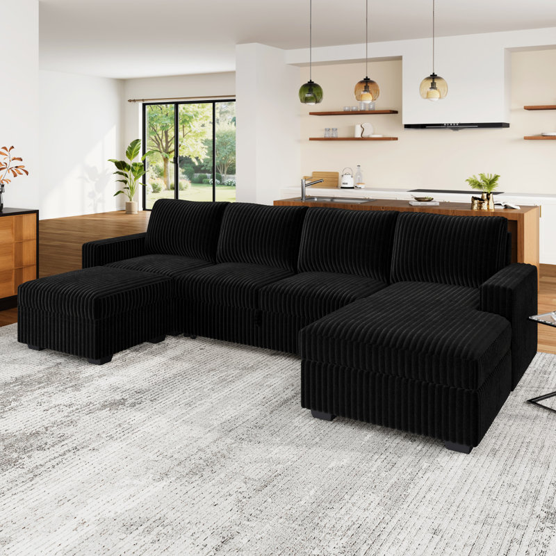 Rundey Corduroy Sleeper Sectional Pull Out Sofa Bed With Storage Seat, Black Corduroy 
