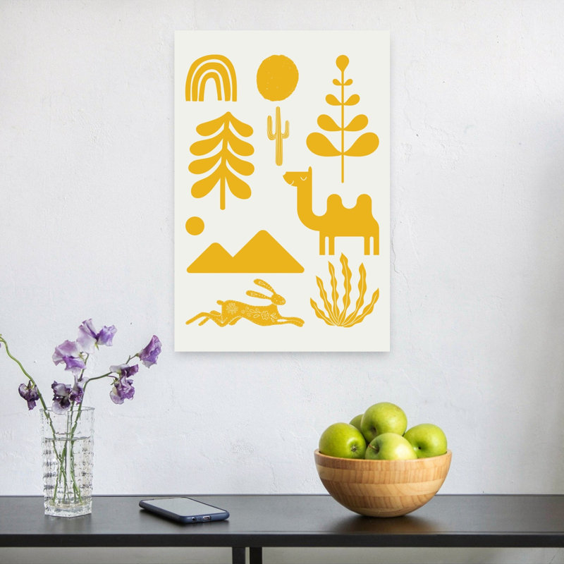 Paysage désertique fantaisiste, abstrait et contemporain, forêt de cactus et de lapins, affiche murale, H 24 po x l 16 po