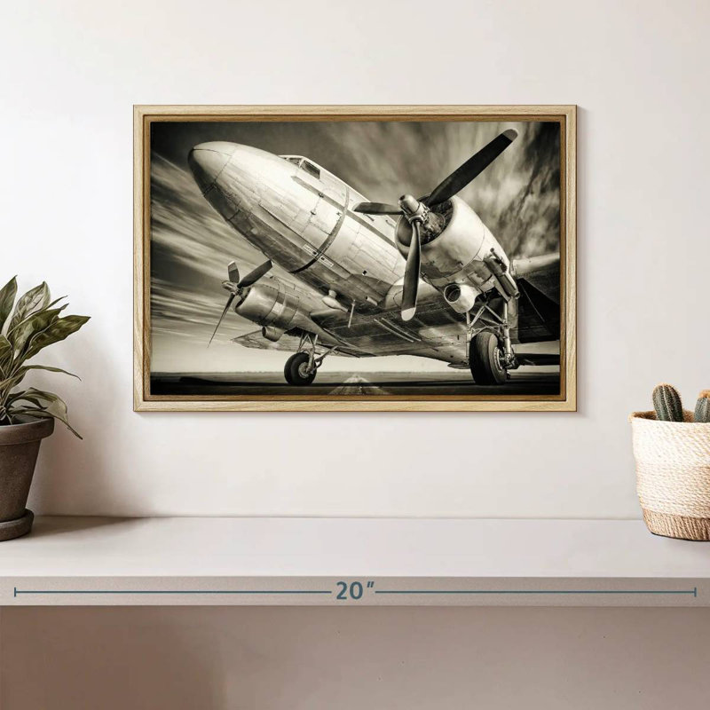 Avion rétro monochrome, Cadre flottant en bois naturel, 13 po x 9 po